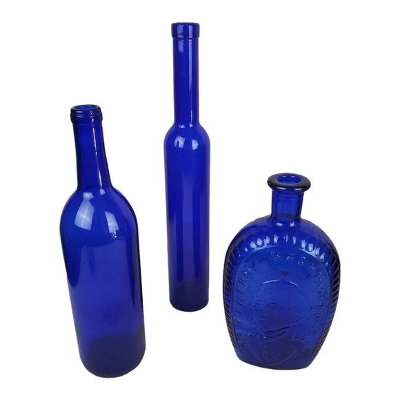 3 Cobalt Blue Glass Bottles Apothecary Farmhouse Country Kitchen Vintage Decor
